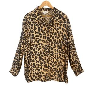 Vintage Leopard Print Silk Button Down Shirt Animal Print Women 1X 90s Chic Glam